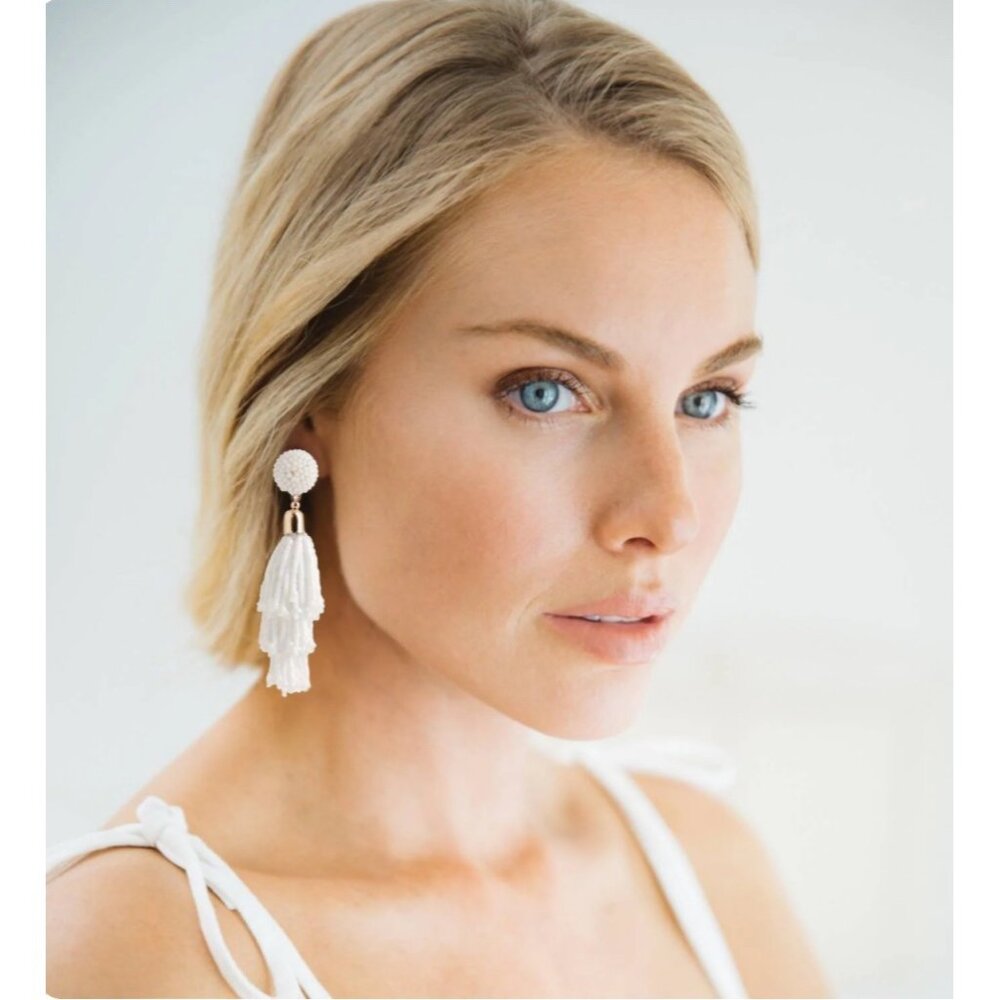 Panacea Anthropologie White Beaded Dangle Tassel Earrings White Drop Pierced